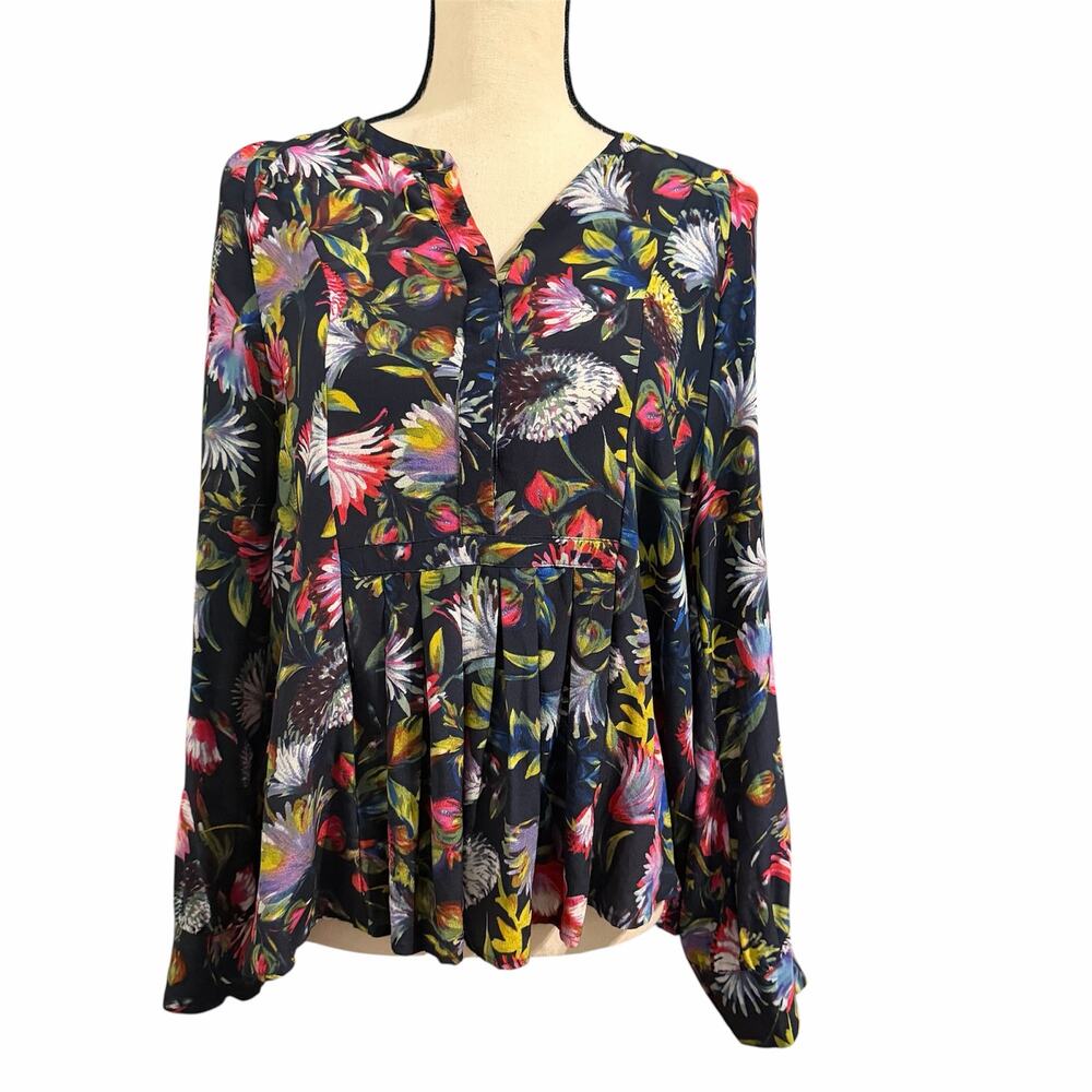 J. Crew Womens Navy Floral 100% Silk Peplum Blouse Top Sz L Slight Sheer Classic
